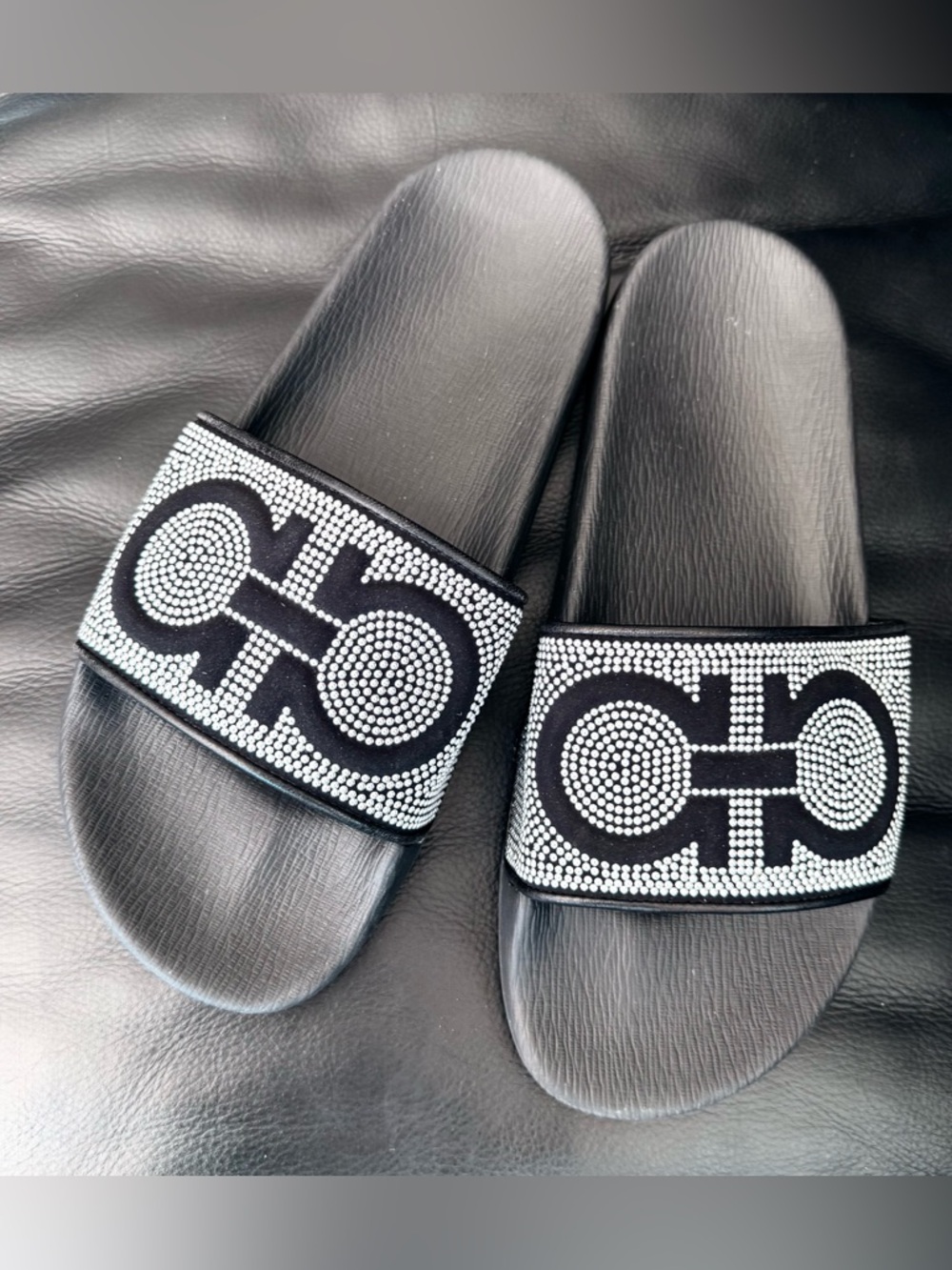 Salvatore Ferragamo Luxe Slides, Black Logo & Silver Ball Studs, Sz 9, Perfect!